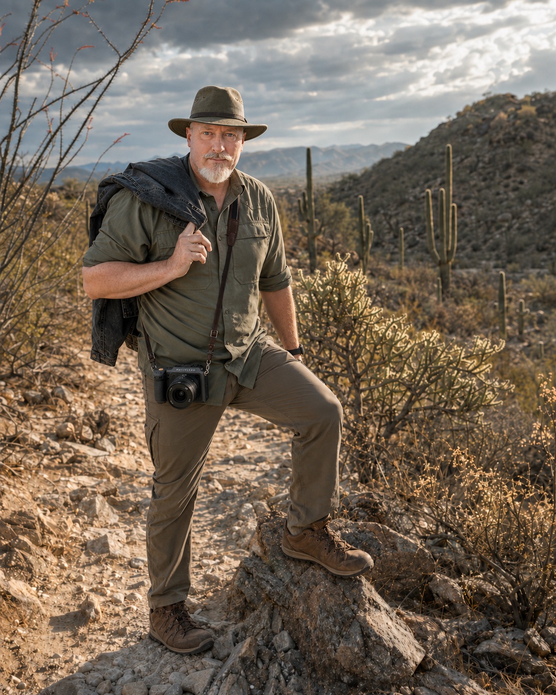 Portrait of Eric Auffhammer outdoors in the desert with a camera