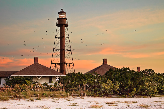 Sanibel lighthouse beneath a warm evening sky